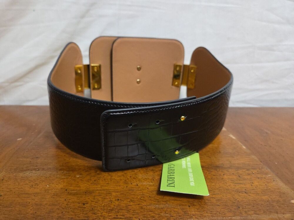 Elisabetta Franchi Black Vegan Leather Wide Belt 42 Gold Metal Logo Buckle NWT